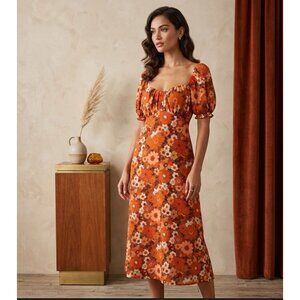 Was+Ash Floral Puff Sleeve Midi Dress size L-Xl With Open Back Design Orange Bro
